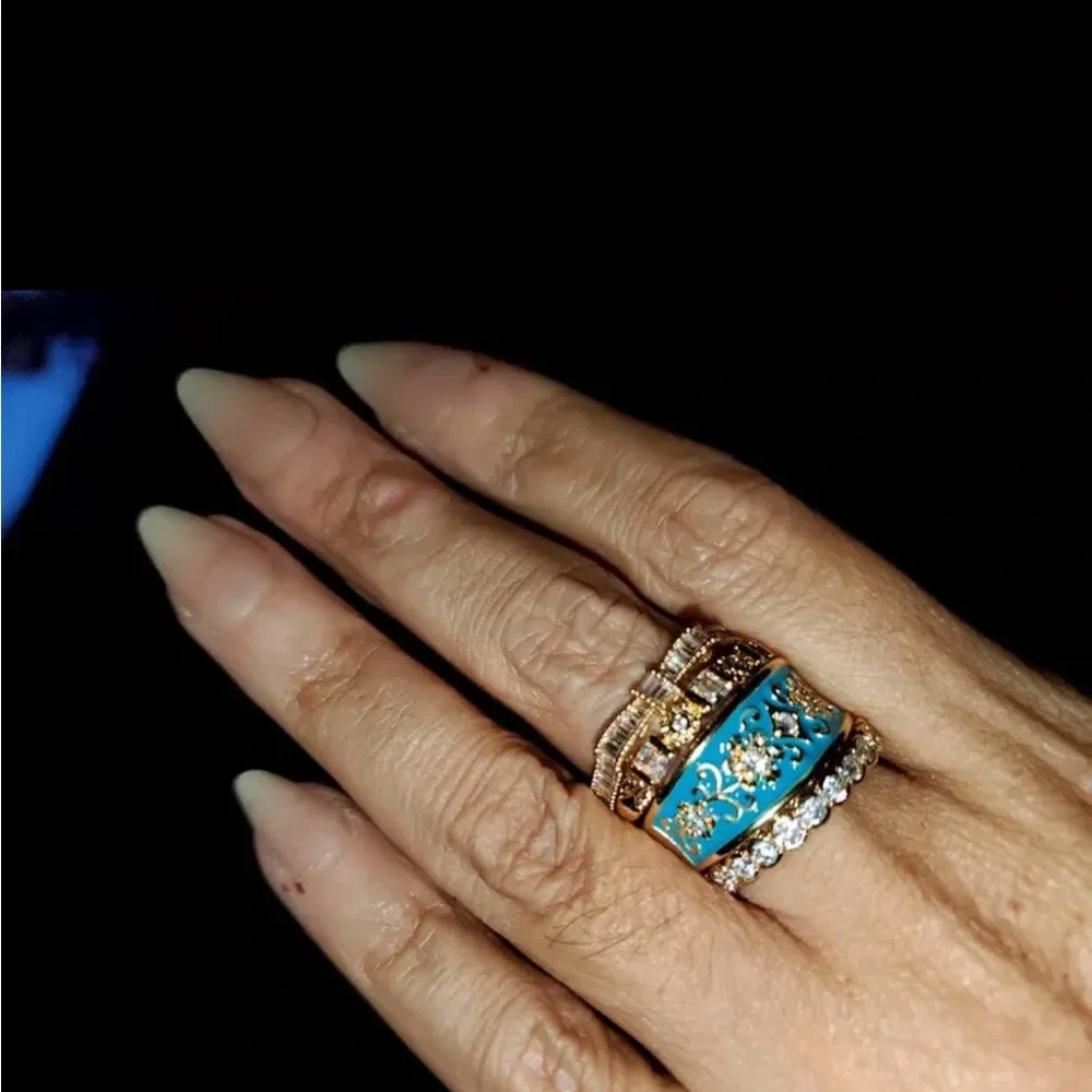 Retro Copper Hand Carved Texture Palace Turquiose Gold Ring Set - SIZE 6